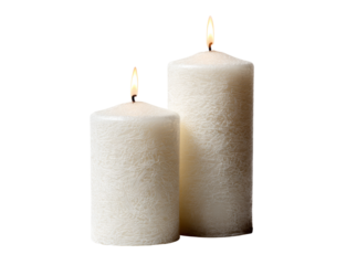 Two lit white crackled pillar candles on black background, Isolated On White, Transparent Background, Png Cut Out