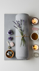 Overhead shot of yoga mat with lavender crystals candles and tea on a gray surface