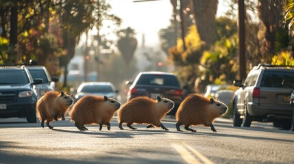 Capybaras bravely crossing city street: Urban wildlife encountering automobile traffic