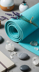 Still life of a rolled blue yoga mat with lavender crystals and stones on a gray surface