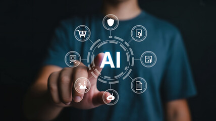 Person touching a glowing ai interface with interconnected icons representing various digital services and security