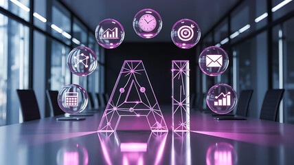 Futuristic ai technology concept with glowing digital data icons and abstract geometric shapes in a modern boardroom