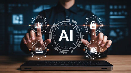 Person interacting with artificial intelligence interface displaying data security and innovation icons on a digital screen