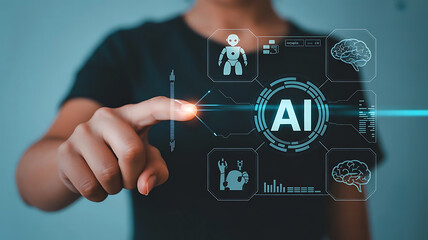 Person interacting with a futuristic holographic interface displaying artificial intelligence technology and data visualizations