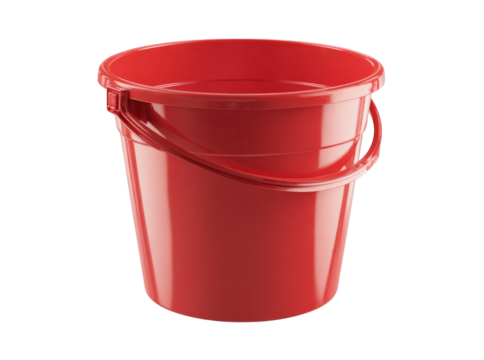 Red plastic bucket with handle cleaning supplies household container, Isolated On White, Transparent Background, Png Cut Out - Powered by Adobe