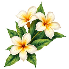 Fototapeta premium Beautiful Plumeria Flowers with Green Leaves on a Transparent background