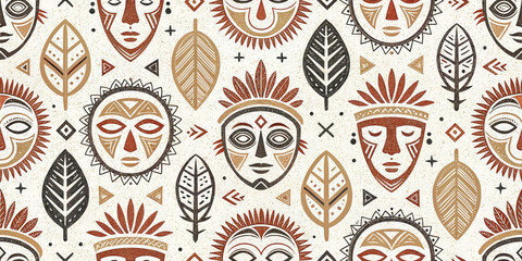 Naklejka premium Experience vibrant tribal mask patterns and natural leaf motifs for a truly unique cultural aesthetic.