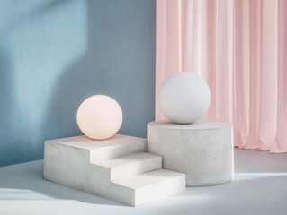 vibrant color visual of Minimalist product display with pastel pink and blue background, concrete podiums and white sphere., high detail, 8k