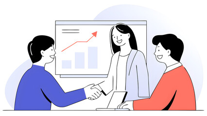 portrait of friendly female boss shaking hands with new team member on sprint meeting.