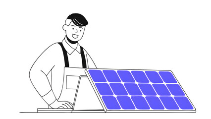 portrait of smiling data analyst presenting on interactive board charts and statistics.