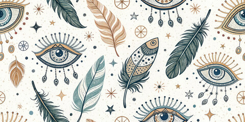 Mystical dreamcatcher eyes and feathers evoke bohemian spirit and protective charm for unique designs