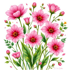 Obraz premium Beautiful Pink Flowers with Green Leaves and Floral Design Elements