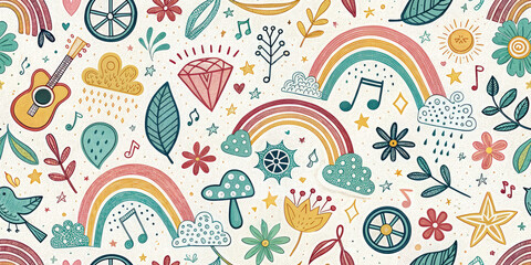 Whimsical doodle pattern featuring rainbows, music, guitars, and nature elements for creative projects