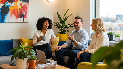 Group of three Asian coworkers laughing together in casual creative office corner showing joy and workplace culture