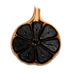 Classic black garlic bulb sliced in half, revealing soft, dark cloves arranged in a circular pattern, isolated on white background.
