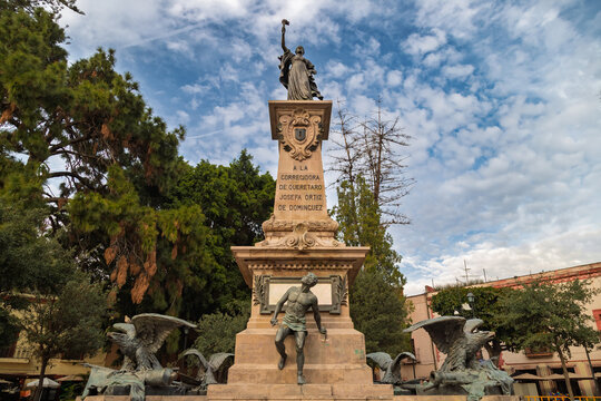 Monument to Josefa Ortiz de Dominguez in Santiago de Queretaro, Mexico &ndash; La Corregidora with symbolic sculptures