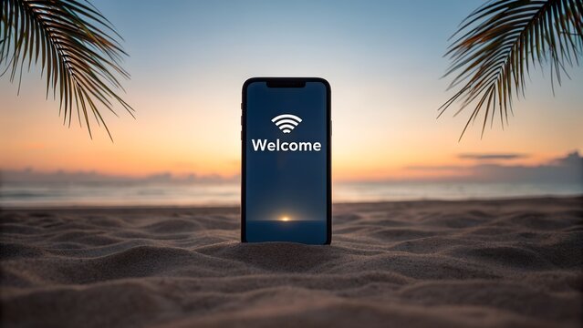 Smartphone with wi fi signal on a beach at sunset