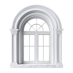 An elegant arched window with white frames and marble sills, showcasing classic architectural design elements.