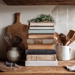 A stack of cookbooks arranged on a wooden kitchen shelf." 
