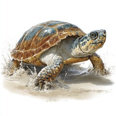 Obraz premium A turtle slowly moving across a sandy beach, illustrating natural locomotion.