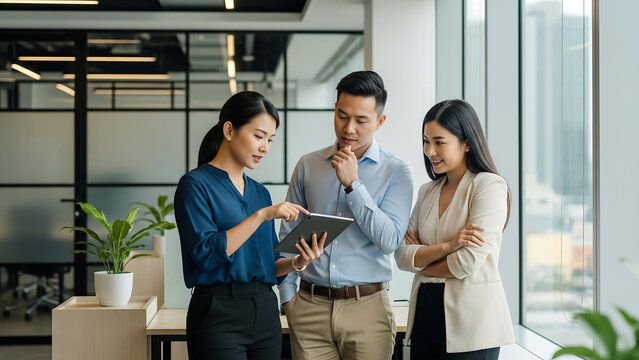 Three Asian coworkers collaborating in a modern office environment showing teamwork, engagement, and workplace communication