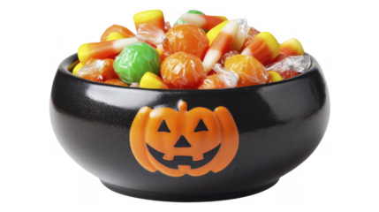 Halloween candy corn and sweets in a jack-o-lantern bowl on a transparent background, PNG image, PNG file