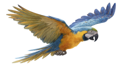 Vibrant blue and yellow macaw bird flying with wings spread on a transparent background PNG image file