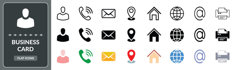 Business card icon set. Set of Contact, business cards and communication - Stock Vector