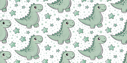 Adorable green dinosaurs playfully dance amongst sparkling stars in a whimsical child-friendly pattern.