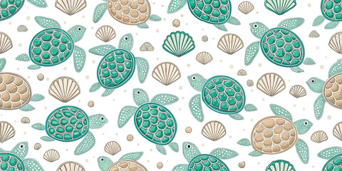 Charming sea turtles and seashells create a delightful underwater pattern perfect for kids' decor and beach themes.