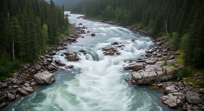 Scenic aerial view of a turbulent mountain river carving its path through a lush pine forest and rocky canyon - Powered by Adobe