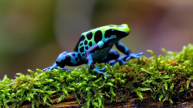 Vibrant green and blue poison dart frog perched on mossy log