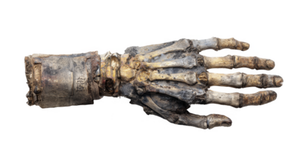 Mummified human arm and hand bones ancient artifact on a transparent background PNG file isolated studio