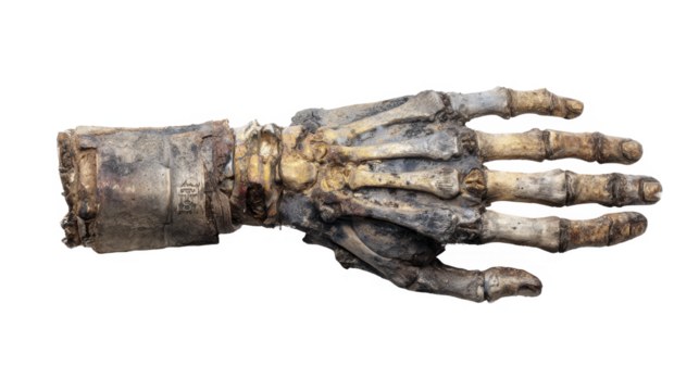 Mummified human arm and hand bones ancient artifact on a transparent background PNG file isolated studio