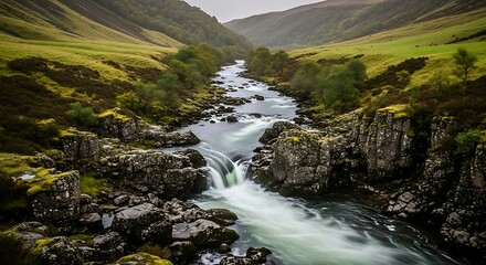 A powerful river rushes through a rocky gorge in a verdant, scenic mountain valley under a cloudy sky