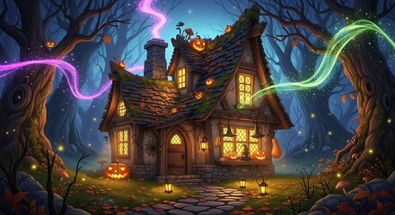 Enchanting Halloween Cottage nestled in an Autumn Forest, adorned with Pumpkins and Spooky Magic, radiating a festive glow