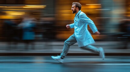Smiling male doctor in a white coat running at full speed outdoors, surrounded by vivid orange motion blur, symbolizing urgency, dedication, and dynamic action in healthcare.