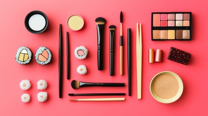 Pink background, sushi makeup flatlay, cosmetic brushes, eyeshadow palette