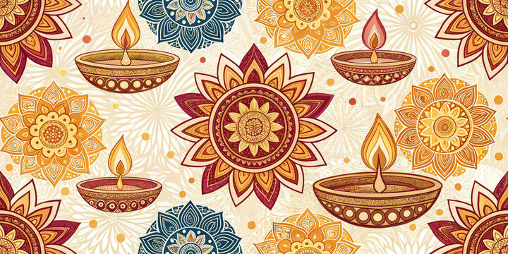 Celebrate with vibrant Diwali diya patterns and intricate mandala designs, evoking festive warmth and joy.
