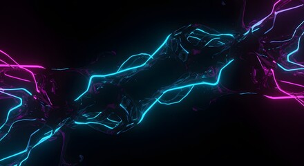 Futuristic abstract background with glowing neon blue and magenta energy streams intertwining on a dark backdrop.