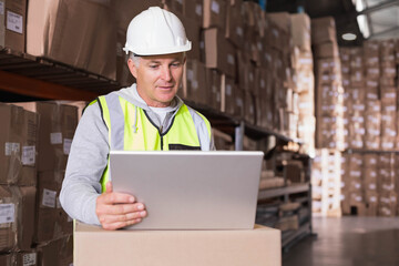 Man checking inventory on laptop at warehouse workstation among tall shelving and cardboard boxes