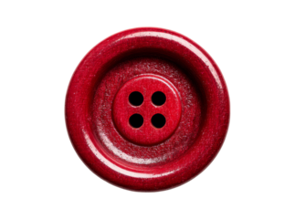 Single red wooden button four holes macro shot, Isolated On White, Transparent Background, Png Cut Out