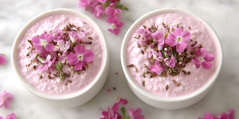 Delightful pink mousse adorned with vibrant pink blossoms and chocolate shavings a culinary delight