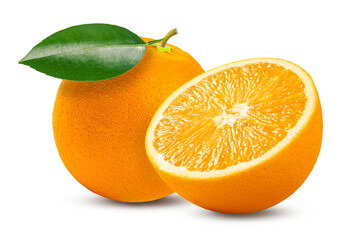 Orange fruit with half and leaves isolated on white background.