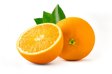 Orange fruit with leaves isolated on white background