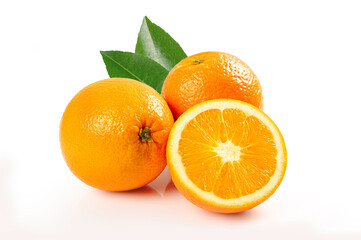 Orange with cut in half and green leaves isolated on white background.