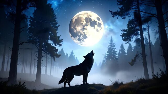 Silhouette wolf howling moon forest
