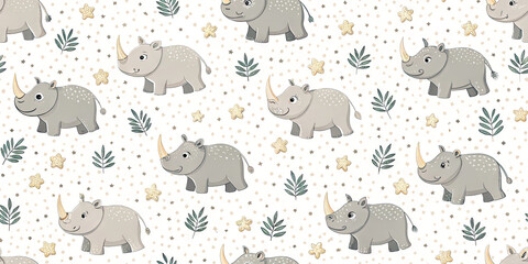 Obraz premium Charming baby rhinos with stars and leaves create a delightful, whimsical pattern perfect for kids' decor