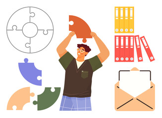 Person holding a puzzle piece overhead, surrounded by loose and complete puzzles, folders, and an envelope. Ideal for teamwork, creativity, organization, problem-solving, strategy education