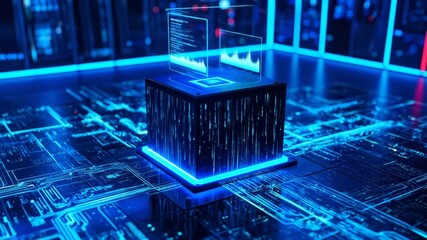Futuristic technology cube with data visualizations in a server room - Powered by Adobe